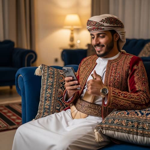 Young Middle-Eastern Man in Traditional Yemeni Attire on Sofa with Mobile Device