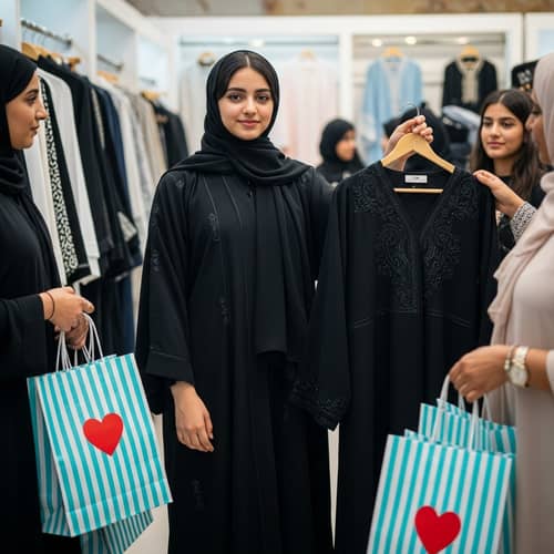Modern Middle-Eastern Girl Displays Black Abayas in Lively Boutique
