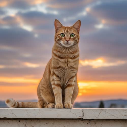 Graceful Ginger Cat on Marble Brick Wall