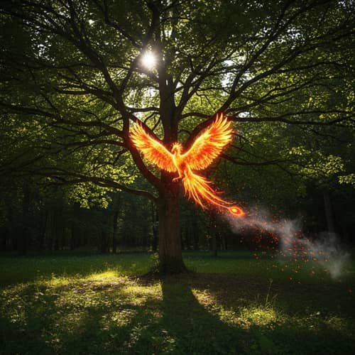 Serene Forest with Phoenix | Tranquil Woodland Scene