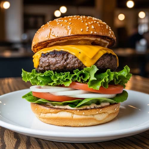 Delicious Hamburger with Grilled Patty, Cheddar Cheese, Lettuce & Tomato