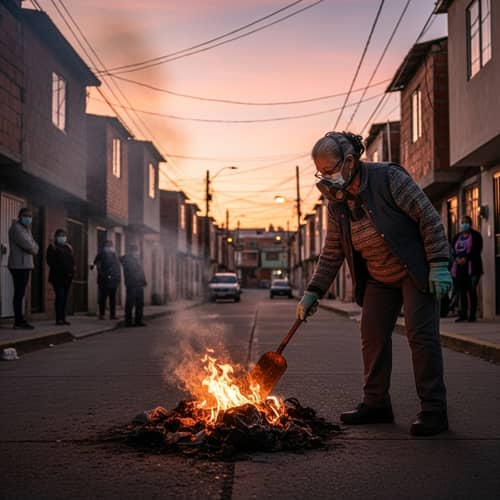 Elderly Hispanic Woman Burning Rubbish in Community