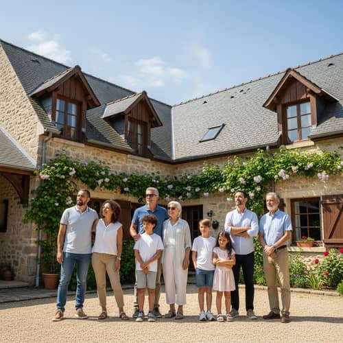 Diverse Family Standing in Country House Courtyard