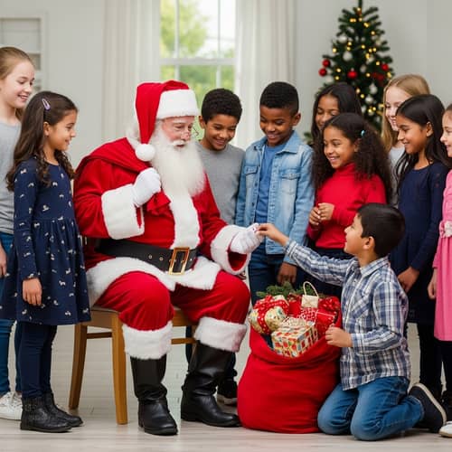 Santa Claus Interacts with Diverse Group of Merry Children