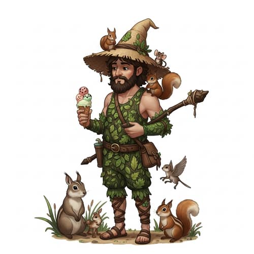 Whimsical Wizard in Swimsuit with Woodland Creatures