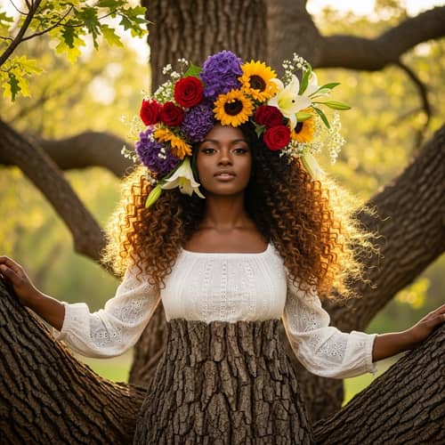 Portrait of a Black Woman with Curly Hair & Flowers