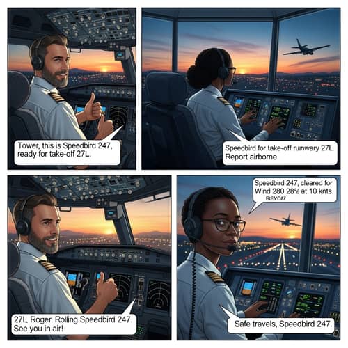 Airport Comic Strip: Pilot & Air Traffic Controller Professional Interaction
