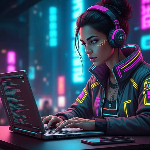 Cyberpunk Woman Engrossed in Code on Modern Laptop