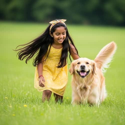 South Asian Girl Playing with Golden Retriever in Green Field
