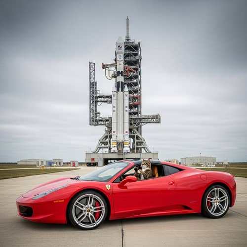Red Sports Car Parked in Front of Rocket - Amazing Image