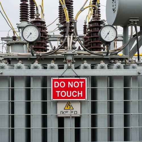 Cautionary 'Do Not Touch' Sign on a Locked Electrical Transformer