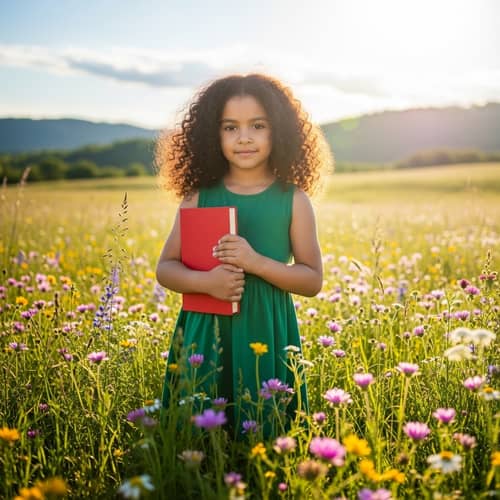 Young Hispanic Girl in Green Dress with Red Book in Sunny Meadow