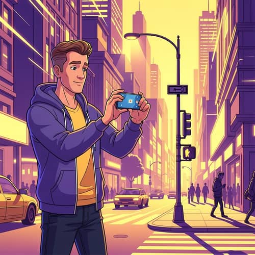 Animated Man Filming Video for Social Networks in Yellow and Purple City Scene