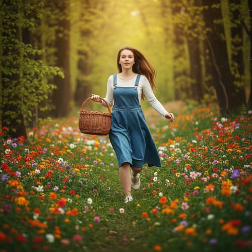 Youthful Girl Running Through Forest of Infinite Colors