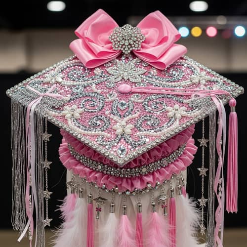 Extravagant Pink, Silver & White Decorated Graduation Cap
