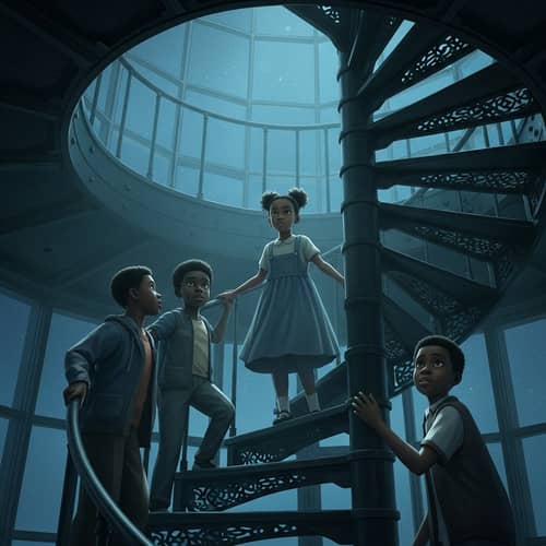 Spectral Girl Leads Boys in Lighthouse at Night