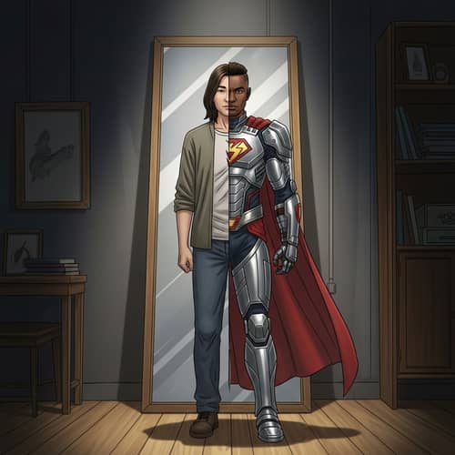 Dual Identity Superhero Illustration in Dimly Lit Room