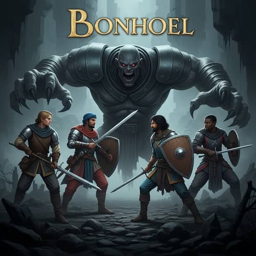 Dark Souls Style Album Cover with Medieval Heroes and Villain