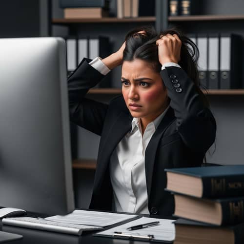 Stressed South Asian Female Lawyer Reacts to Computer Screen Frustration