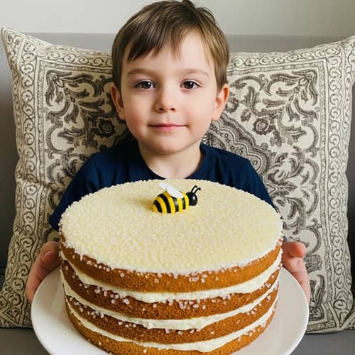 Young Boy Holding Multi-Layered Cake with Bee and Pillow