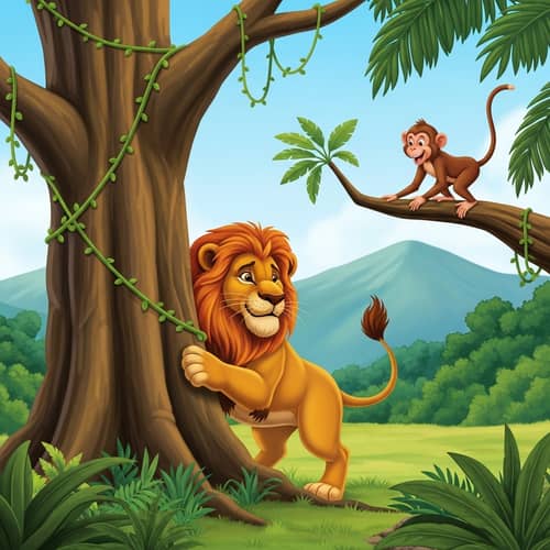 Majestic Lion and Playful Monkey in Enchanting Jungle Scene