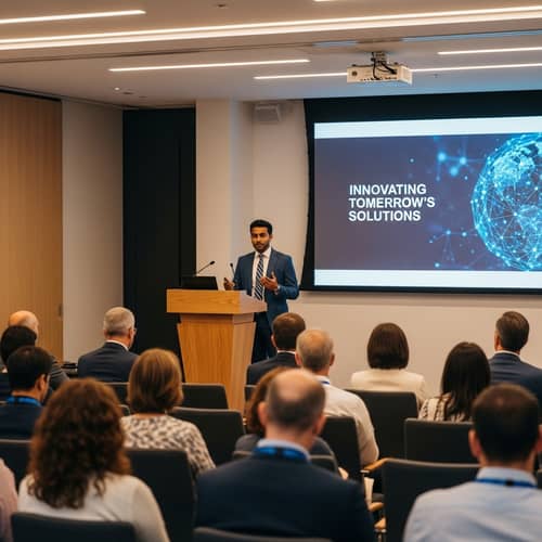 Professional South Asian Man Speaking at Conference | Inspiring Presentation
