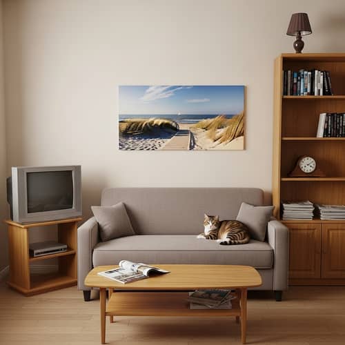 Tidy and Organized Living Room with Wooden Bookcase and Beach Painting