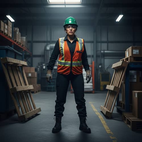 Warehouse Worker Horror Scene - Suspenseful Hispanic Woman