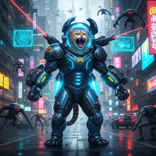 Courageous Cat in Blue Spacesuit: Mighty Meow in Dystopian Cyberpunk City
