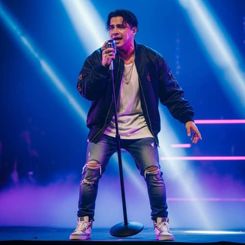 Latin-pop Singer Performing on Neon-Lit Stage