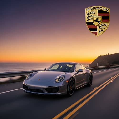 Luxury Porsche Sports Car Racing Along Coastal Highway at Sunset