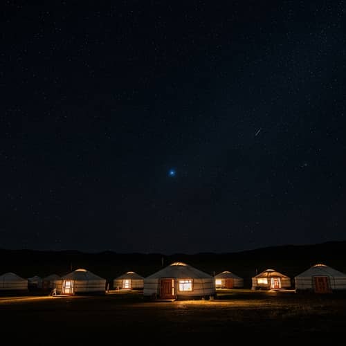 Traditional Mongolian Yurts Under Starry Night Sky