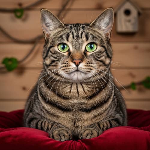 Tabby Cat Portrait on Red Velvet Cushion | Green Eyes