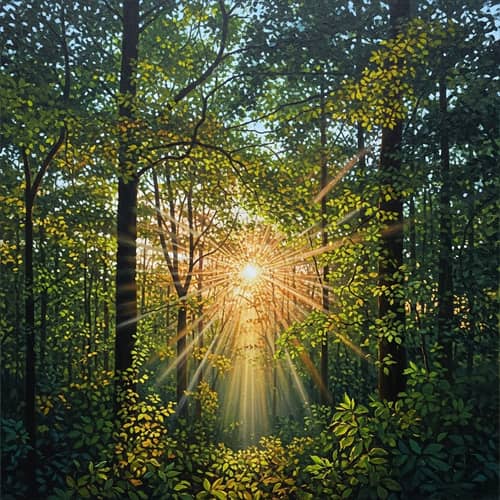 Sunlit Forest Canopy Oil Painting | Detailed Upside-Down Art