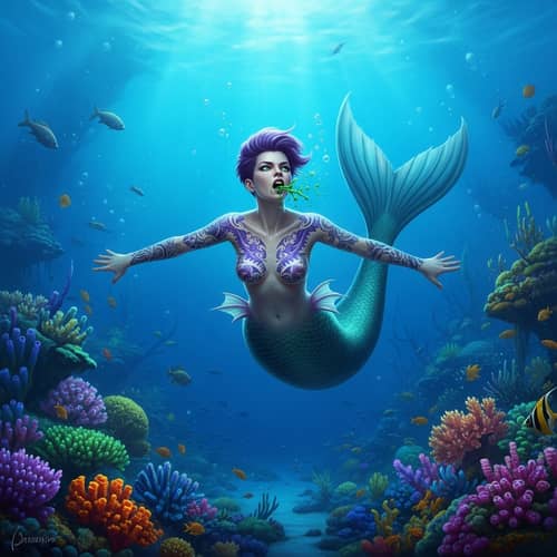 Majestic Purple-Haired Mermaid Spitting Green Liquid Underwater