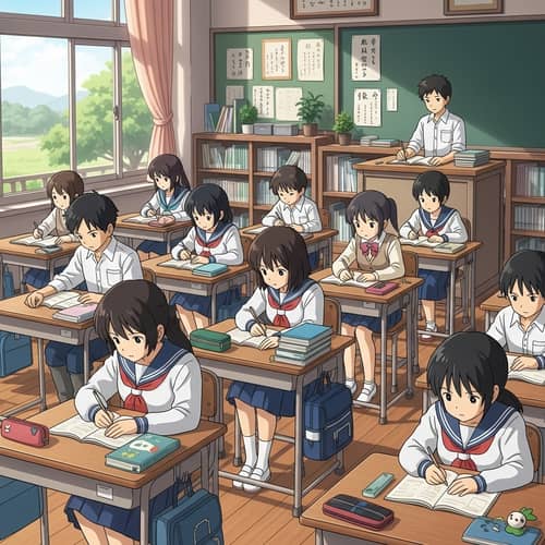 Traditional Japanese Classroom in Vibrant 2D Art Style | Afternoon Study Session