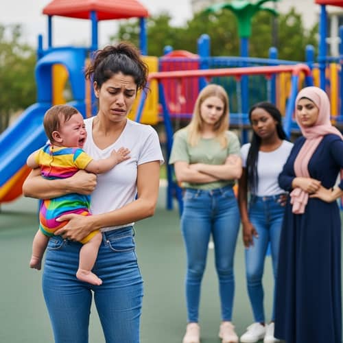 Overwhelmed Hispanic Mother Consoles Crying Child on Playground