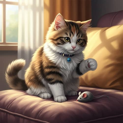 Fluffy and Playful Domestic Cat on Plush Cushion