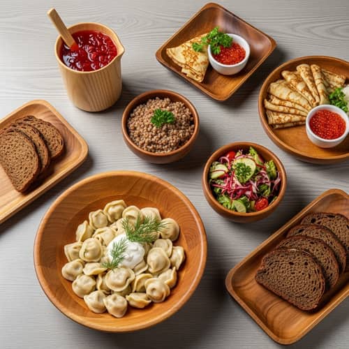 Traditional Russian Cuisine Served on Wooden Tableware