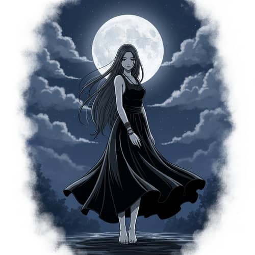 Enigmatic South Asian Girl in Flowing Black Dress | Moonlit Night Sky
