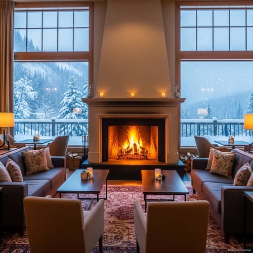 Cozy Winter Room with Grand Fireplace and Snowy Landscape Views