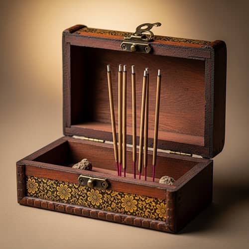 Antique Wooden Box with Golden Floral Patterns and Chinese Incense Sticks