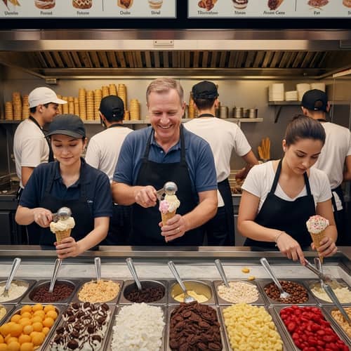 Bustling Ice Cream Parlor: Vibrant Scene Inspired by Food Photography