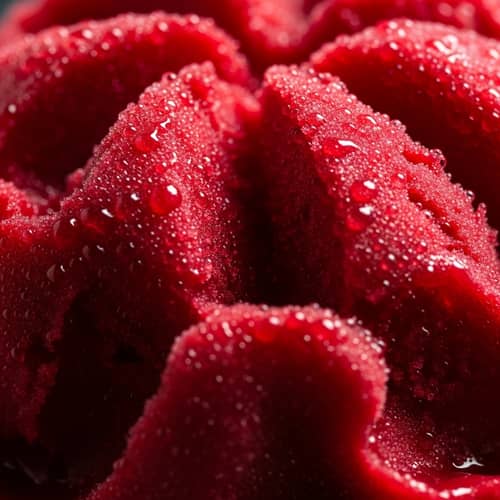 Raspberry Flavored Sorbet Dessert with Rainwater-Inspired Texture