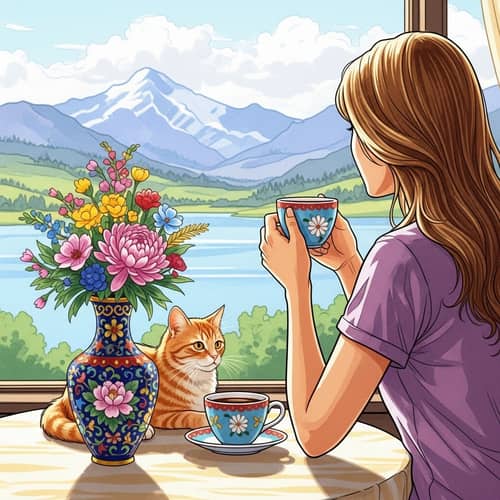 Beautiful Caucasian Woman Enjoying Morning Coffee | Exquisite Landscape View