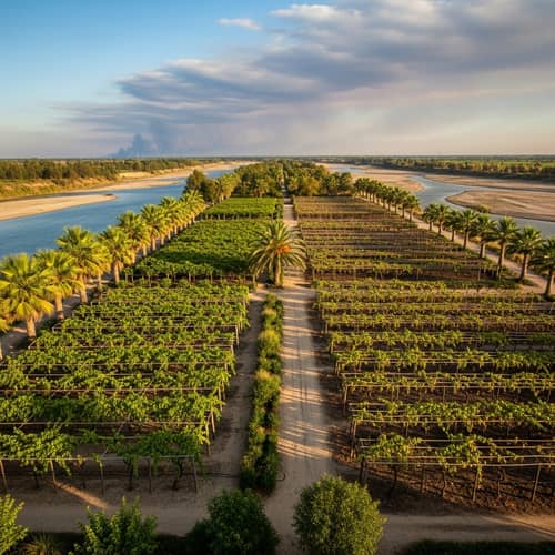 Scenic Gardens with Palm Trees and Ancient Rivers