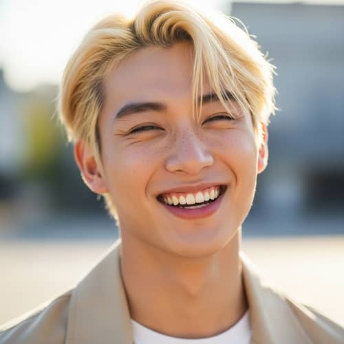 Charming Asian Man with Blonde Hair and Freckles | Smiling Portrait
