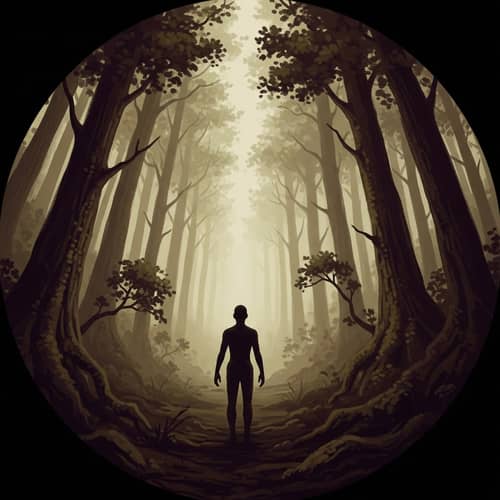 Enigmatic Figure in Shadowy Forest Painted with Gustave Doré Inspiration