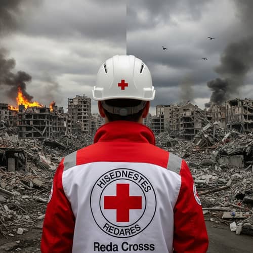 Hispanic Red Cross Worker Amidst Devastation | Aid Relief Efforts