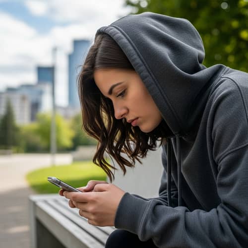 Young Caucasian Woman with Hoodie Up Looking at Phone